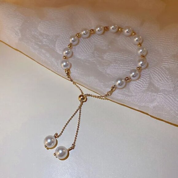 Lariat style white round pearl bracelet adjustable string 14k yellow gold plated - Picture 4 of 5